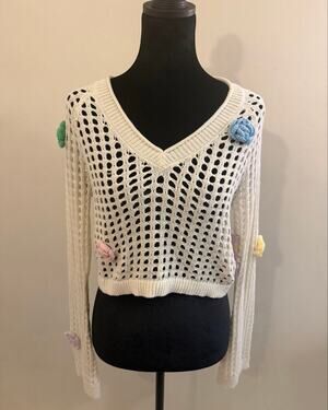 Wild Fable Women’s M Crochet Sweater 3D Flower Open Knit